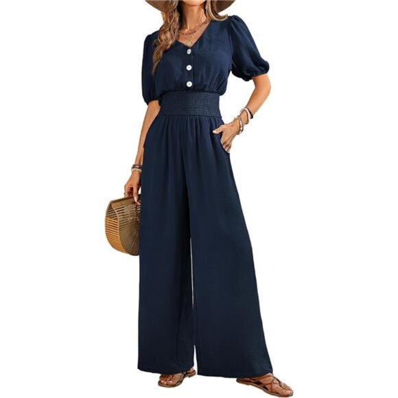 Womens Jumpsuits Short Sleeve V Neck Dark Blue